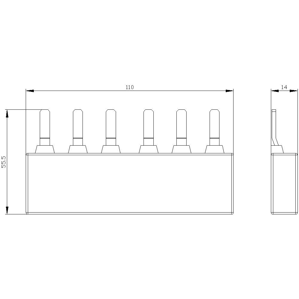 Technical drawing of a rectangular mounting bracket with six vertical pins; dimensions: 110 x 55.5 x 14 mm.