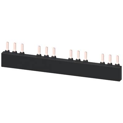 Black plastic strip with ten upright, evenly distributed metal pins. Electronic connector element.