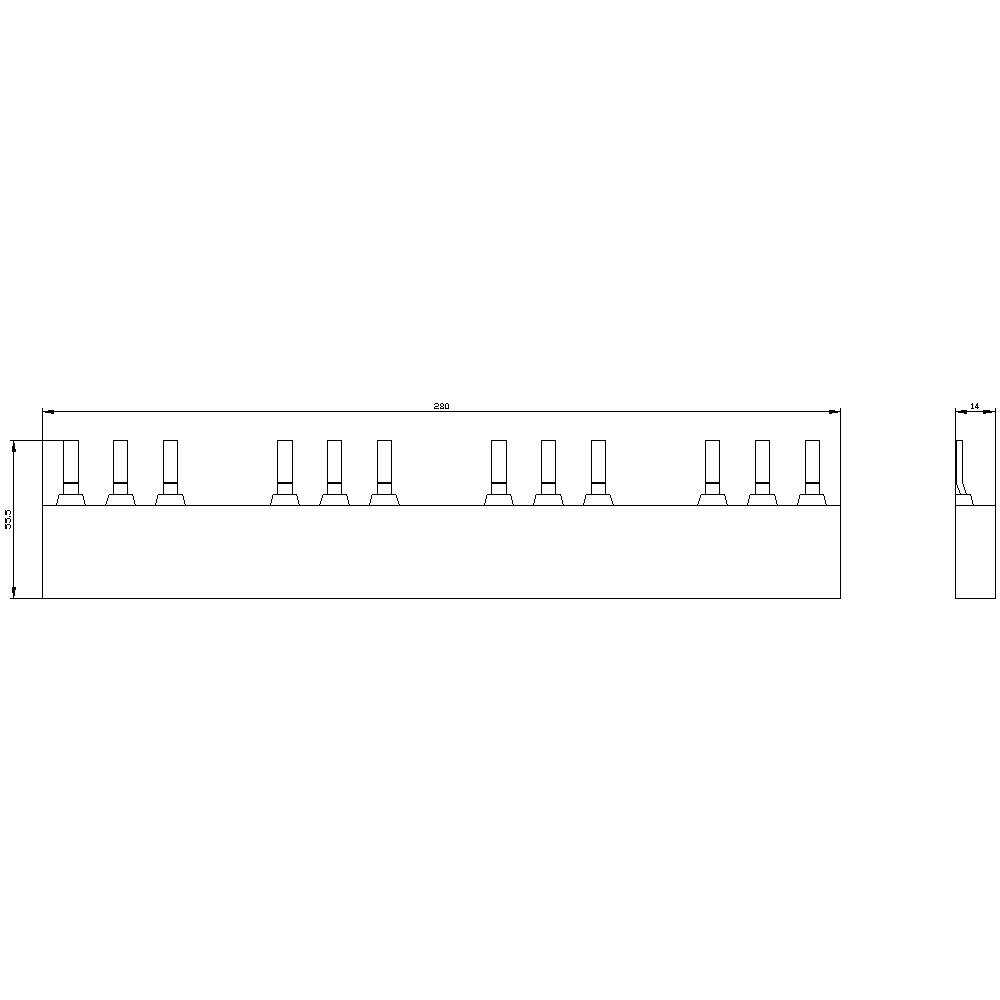 Technical drawing of a rectangular, flat bar with multiple vertical pins. Dimensions: 200 mm length, 300 mm height.