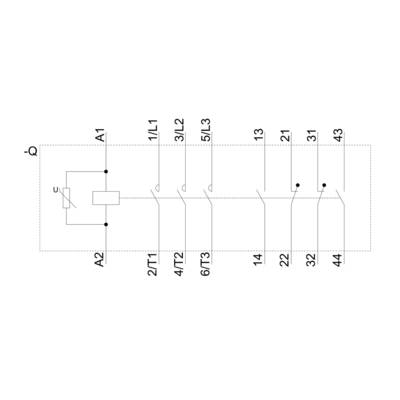Wiring diagram of a relay with terminals A1, A2, 1/L1, 2/T1, 3/L2, 4/T2, 5/L3, 6/T3.