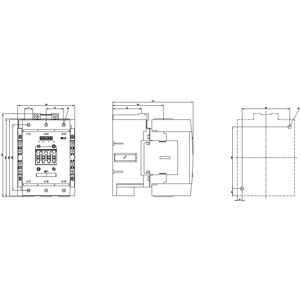 Technical drawing of an electrical switchgear showing front, side, and top view. Dimensions and connections are indicated.