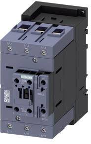 A grey electrical contactor from Siemens with three green buttons. Model number and connections are visible. Used for controlling electrical circuits.