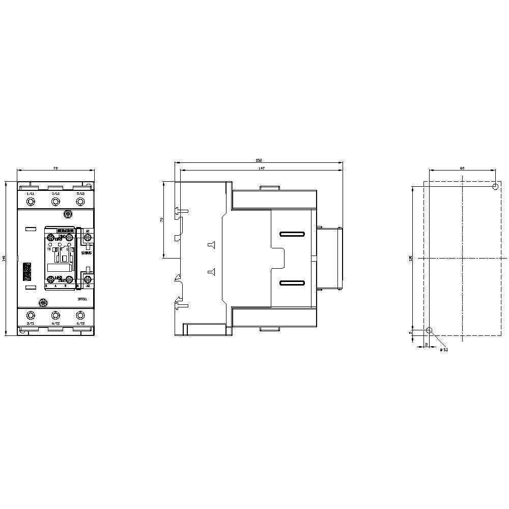 Technical drawing of an electrical device showing front, side, and top views. Dimensions and technical details provided.
