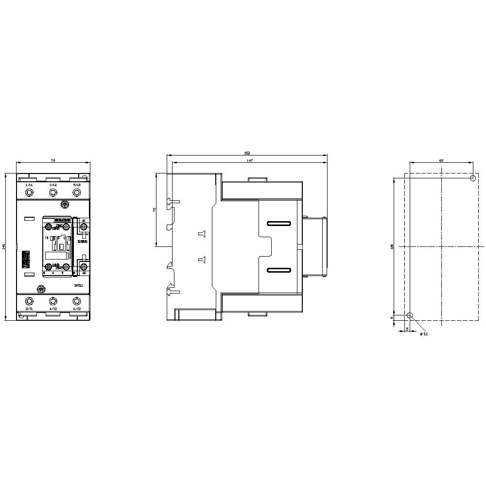 Technical drawing of an electrical device with dimensions in three views: front view, side view, and top view.
