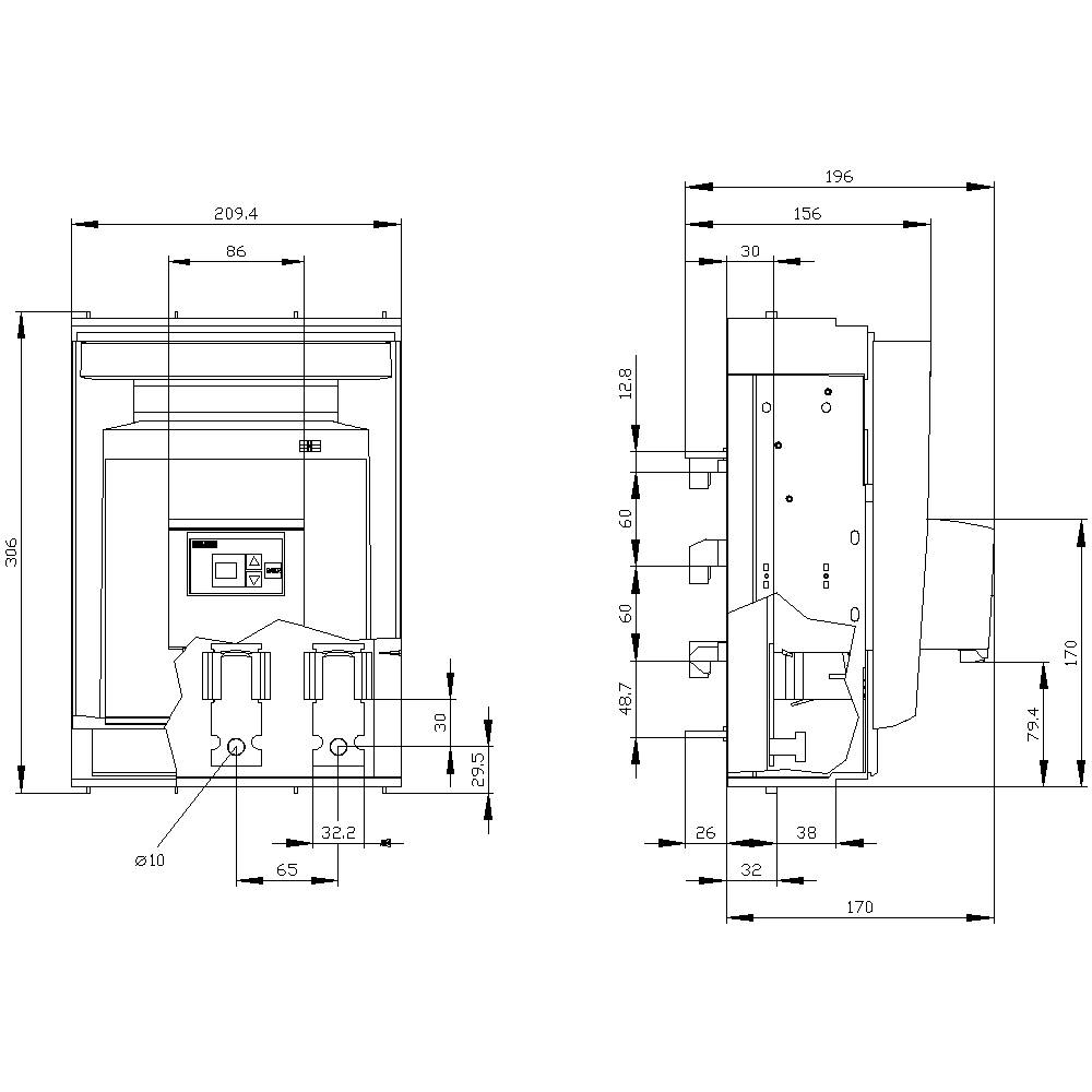 Technical drawing of a switch with front and side views, including dimensions in millimetres, to understand the size.