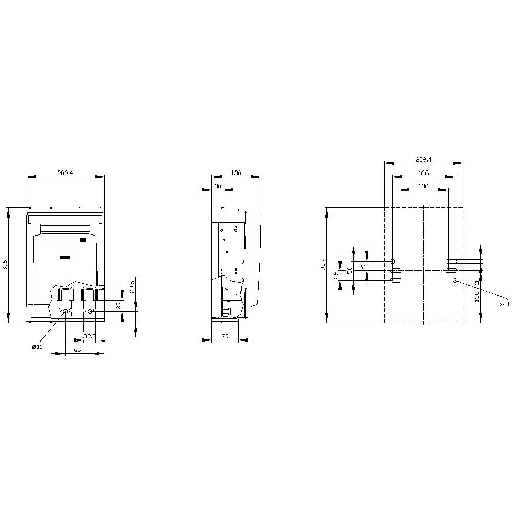 Technical drawing of a device showing front, side, and top views. Dimensions in millimetres, e.g. height 305, width 209.4.