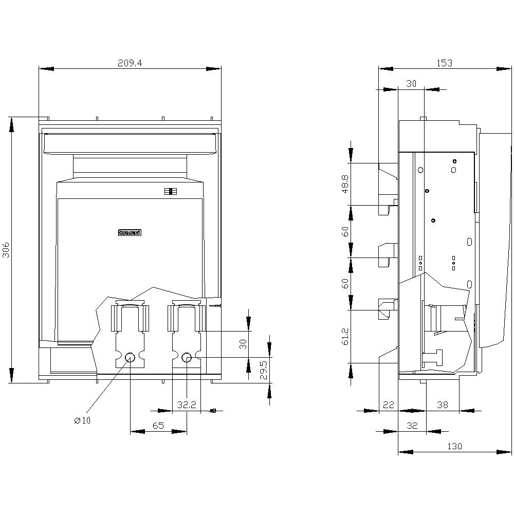 Technical drawing of a switchboard with front and side view. Contains detailed measurements in millimetres.