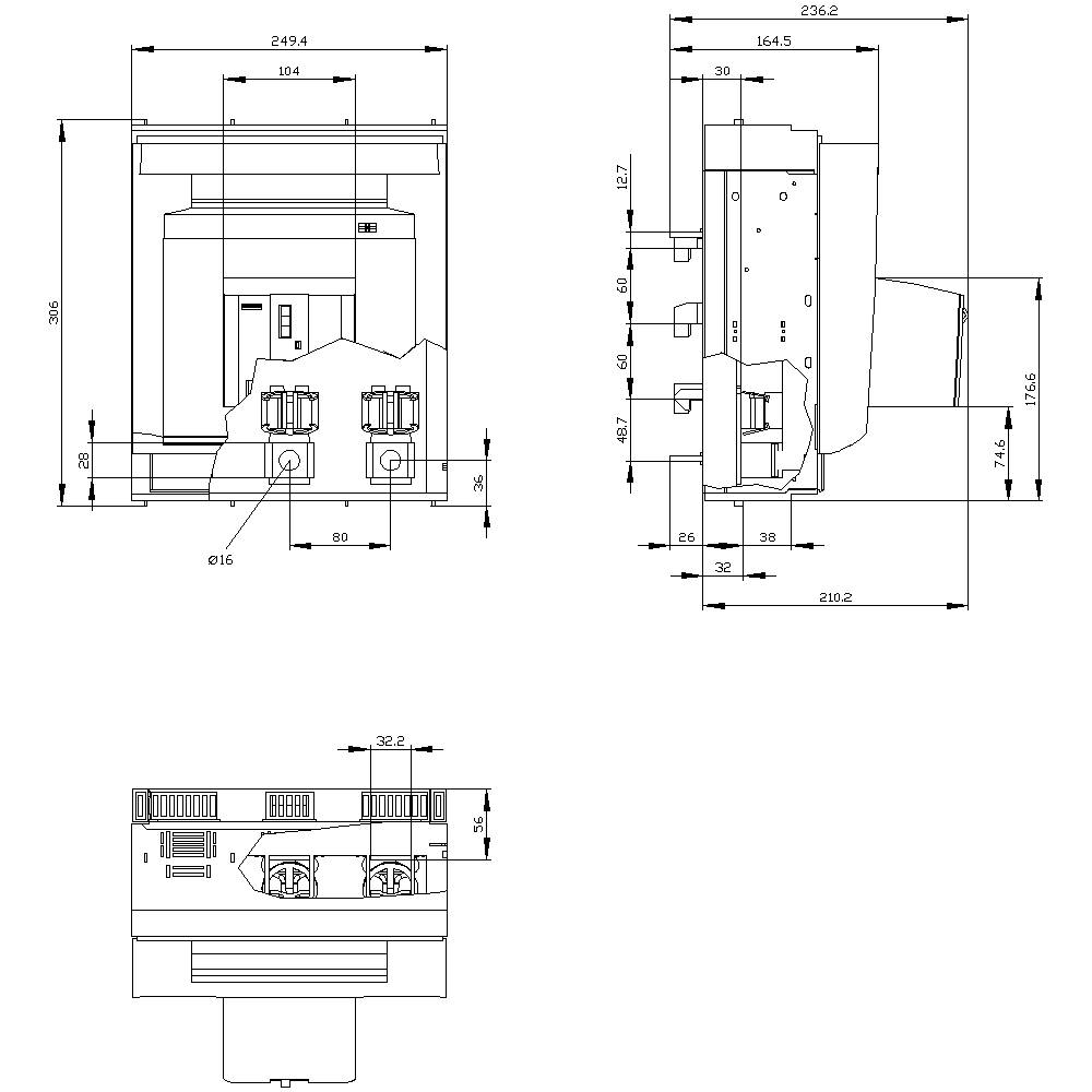 Technical drawing of an electrical switchboard module with detailed dimensions in front, side, and top views.