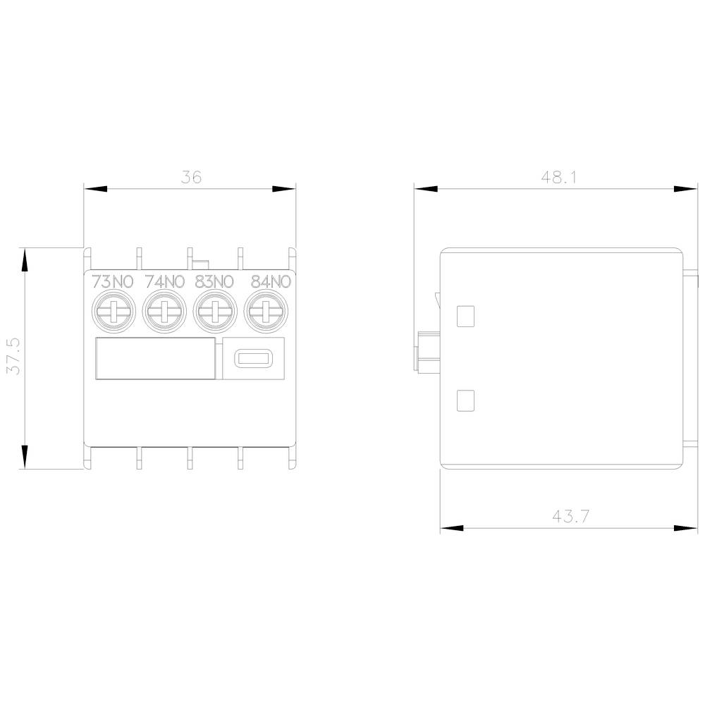 Technical drawing of a rectangular electronic component with dimensions: 36 x 37.5 x 43.7 mm and inputs 73NO, 74NO, 83NO, 84NO.