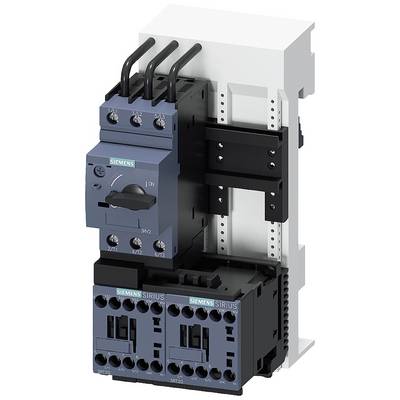An electrical component, consisting of contactors and a main switch, mounted on a DIN rail. Used in control panels.