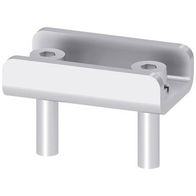 Metal connector with two screw holes and two vertical cylinders beneath, for securing components.