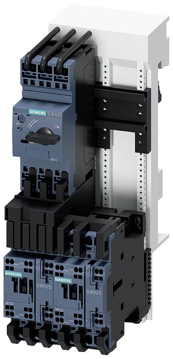 'Industrial contactor by Siemens, Sirius model, mounted on a DIN rail, suitable for controlling electrical motors.'