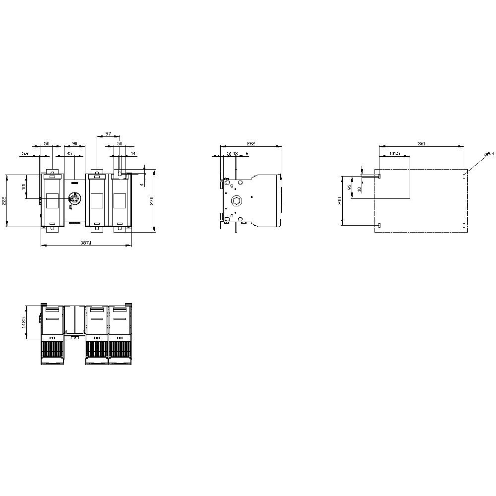 Technical drawing of a mechanical component with dimensions and views from the front, top, and side, including detailed measurements.