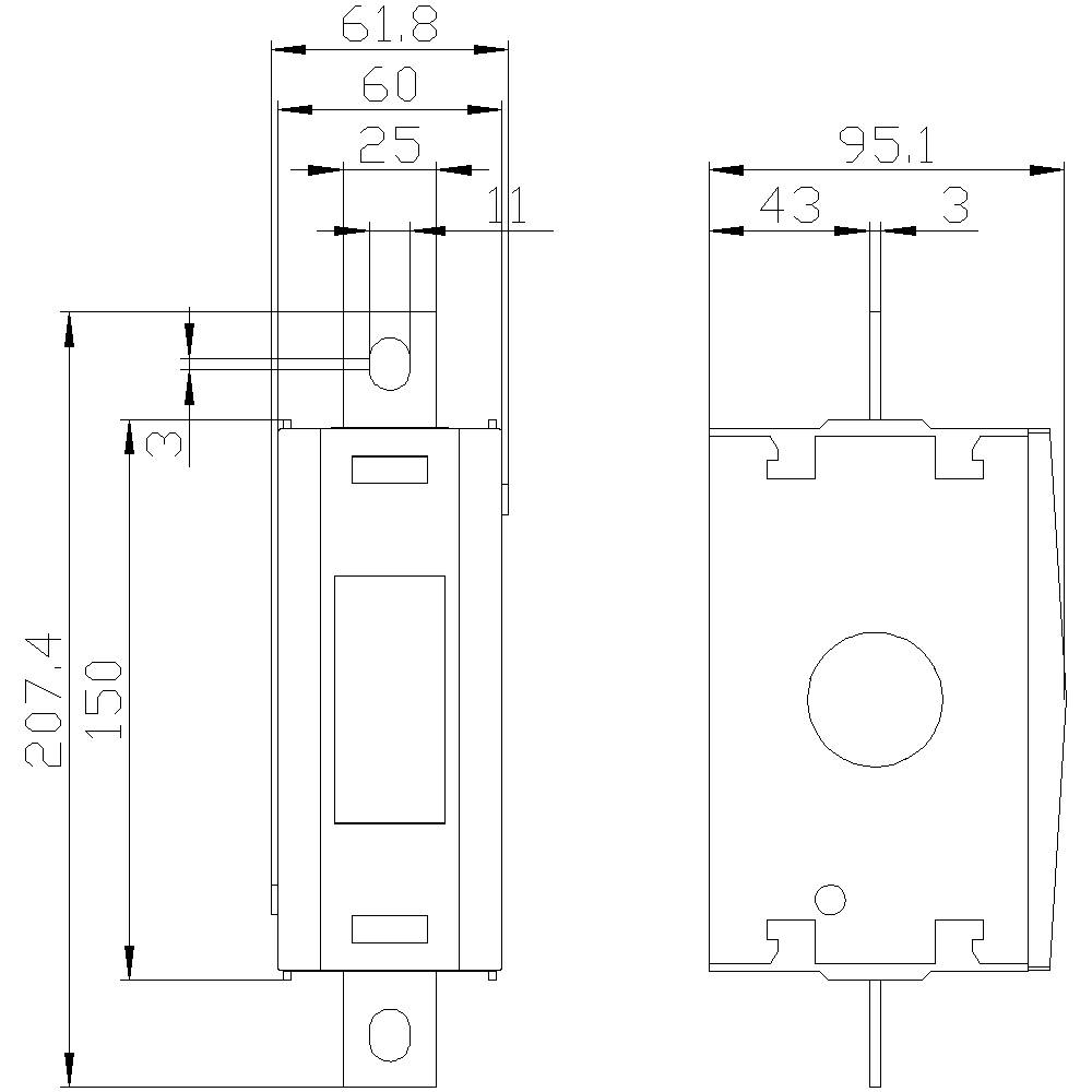 Technical drawing of a component with dimensions in millimetres: Height 207.4, Width 95.1, Depth 61.8. Detailed side and front view.