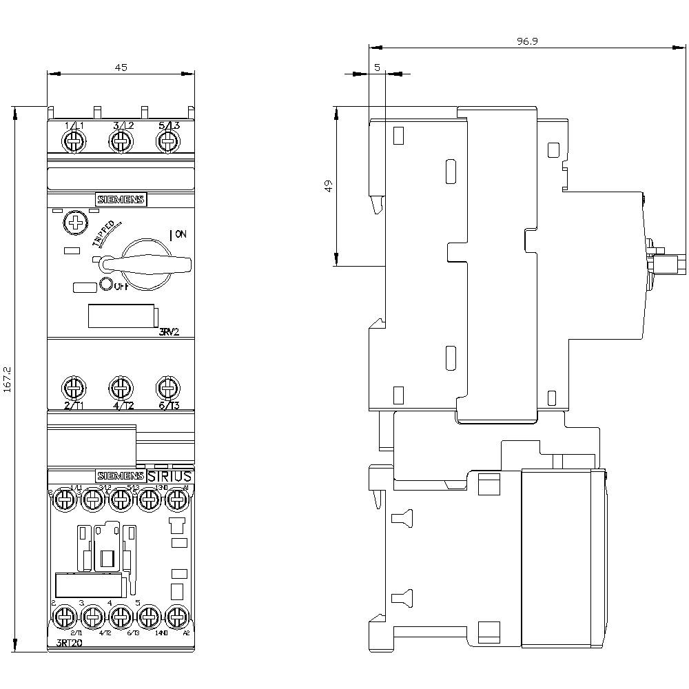 Technical drawing of a circuit breaker with front and side views. Includes dimensions and labels, shows components and connections.
