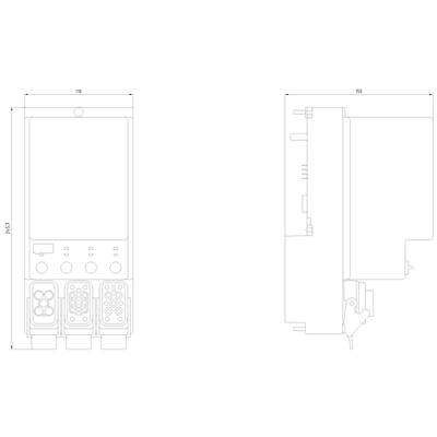 Technical drawing of an electronic device in two views: front view with connections and side view with dimensions.
