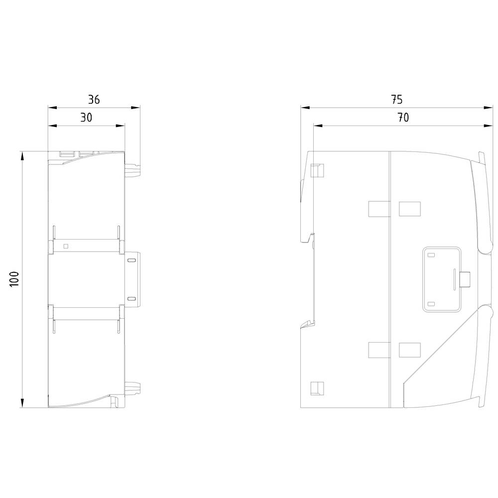 Technical drawings show the front view and top view of an electrical device with dimensions: 100 mm high, 75 mm wide.