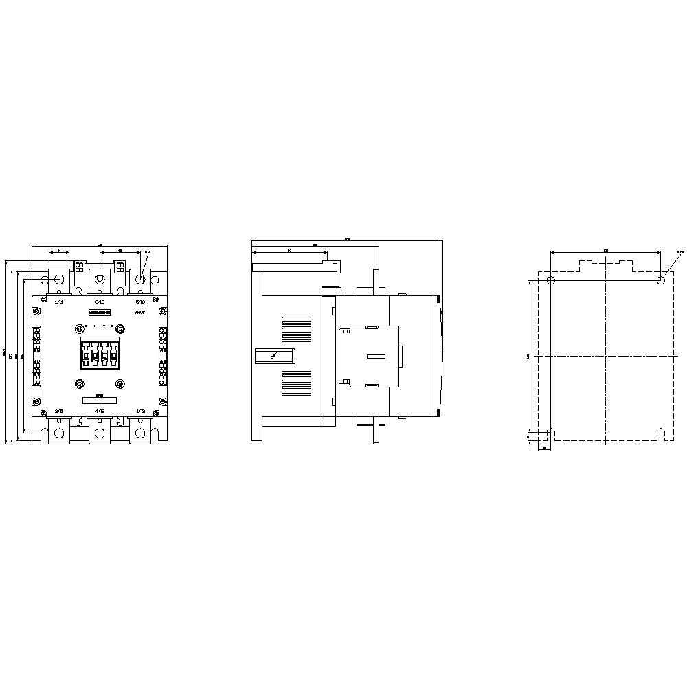 Technical drawing of an electrical switchgear system in three views: front view, side view, and sectional view.