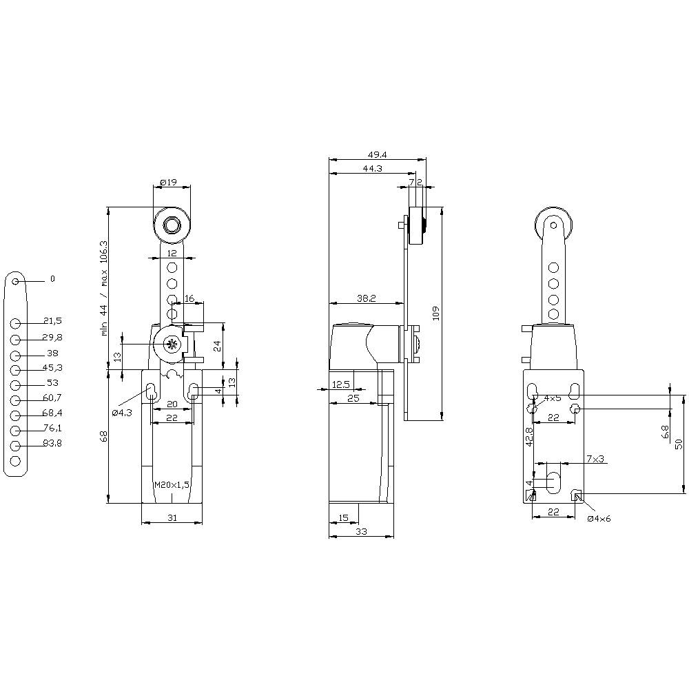 Technical drawing of a mechanical component with multiple views and detailed dimensions. Shows lengths and positions.