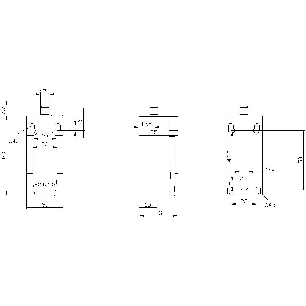 Technical drawing of a component with various views and dimensions. Main view shows a rectangular part with holes.