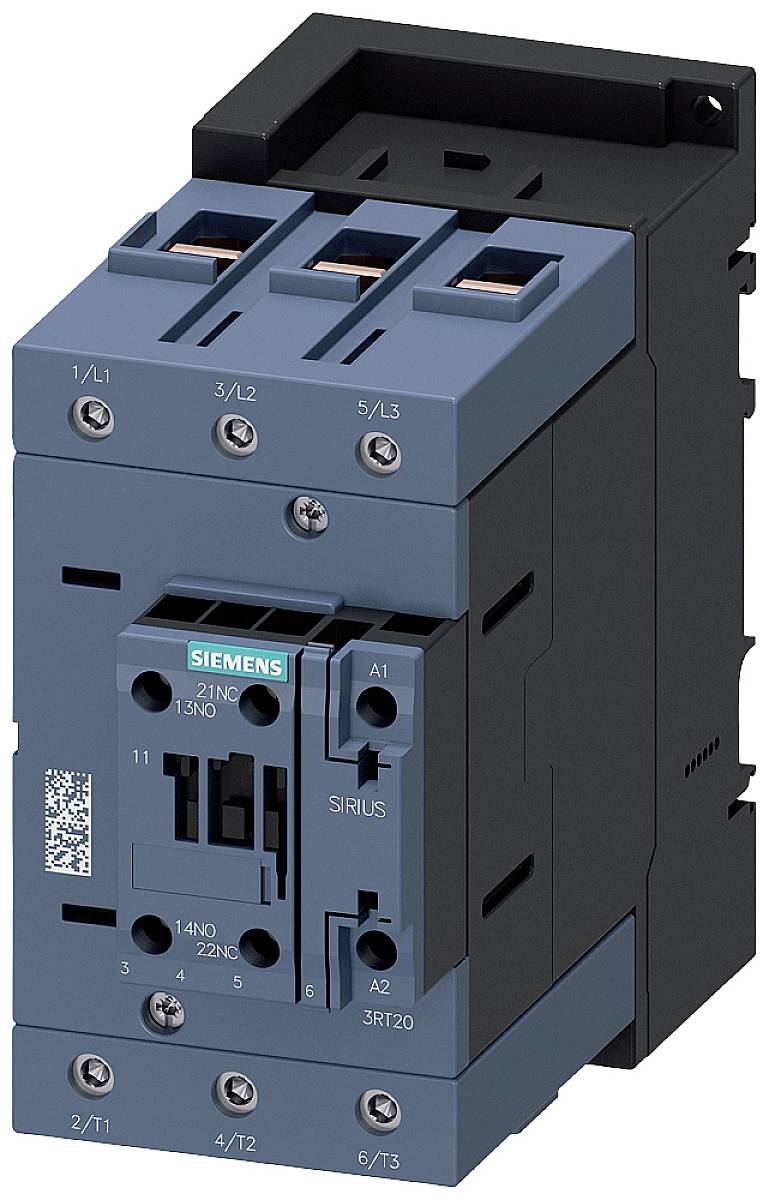 Industrial contactor with three main power connections, control contacts and Siemens logo. Screw terminals are visible on the front.