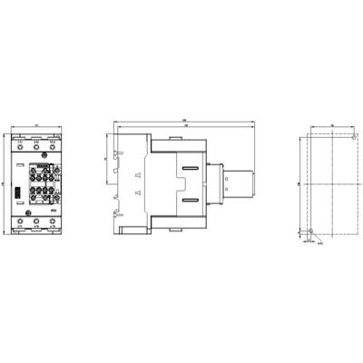 Technical drawing of an electrical switch. Front, side, and top views show detailed dimensions and components.