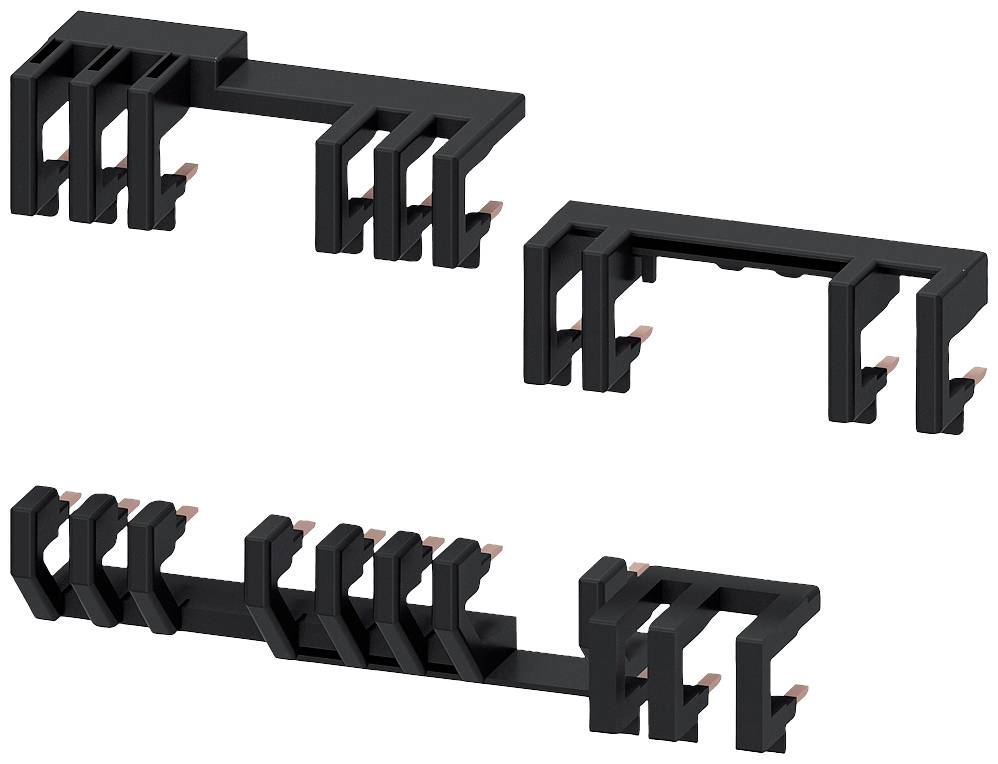 Three black plastic components with a curved structure, designed for connecting elements in a technical or electronic context.