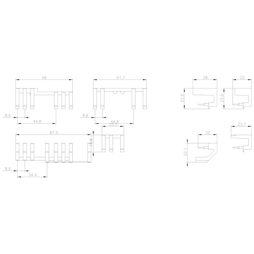 Technical drawing of an electrical connector with dimensions in millimetres. Shows perspective and side views with detailed measurements.