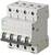 A three-pole circuit breaker with toggle switches and screw terminals. It is used to control the electrical circuit.