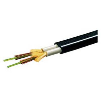 Fibre optic cables with multiple coloured optical fibres protruding from a black protective sheath.