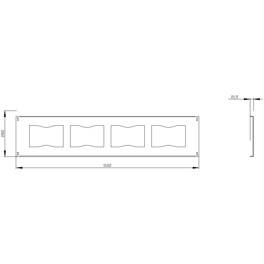 Dimensional drawing of a rectangular metal grating with four sinusoidal openings, 1122 mm length, 202 mm height, 21.5 mm depth.