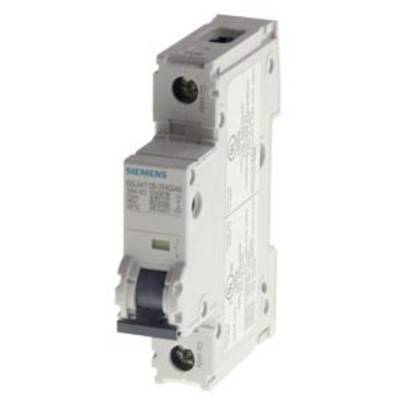 A white Siemens circuit breaker with a toggle switch. Device for electrical safety, featuring technical specifications on the casing.