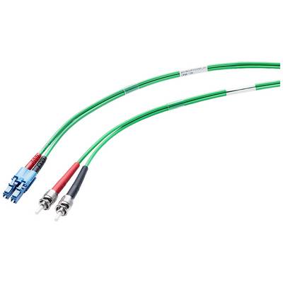 Two green fibre-optic cables: one with blue and red LC connectors, the other with two silver connectors. Suitable for data transmission.