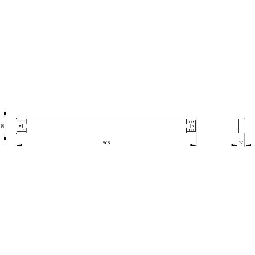 Technical drawing of a rectangular metal profile with dimensions of 565 mm length, 22 mm height, and 5 mm thickness.