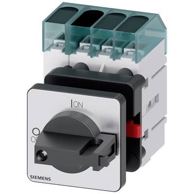 Siemens rotary switch shows position 'I' for On. Transparent green terminal cover on top. Suitable for electrical control systems.