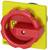 A red emergency stop switch on a yellow background, with a distinctive handle and 'SIEGENIA' lettering, designed for safety in machine environments.