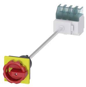 Electrical main switch with a red rotary knob and yellow base, connected to a switching mechanism, for controlling electrical circuits.