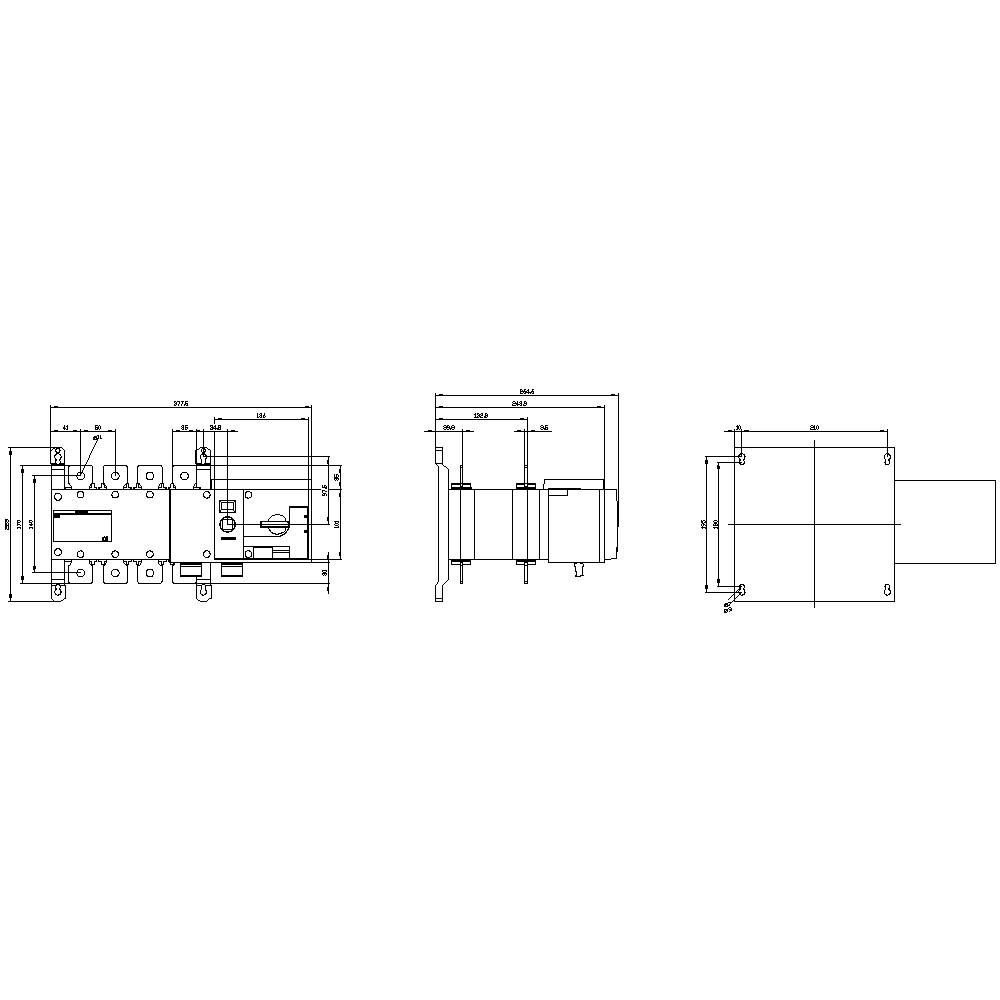 Technical drawing of a mechanical component with detailed dimensions in three views: Front view, Side view, and Top view.