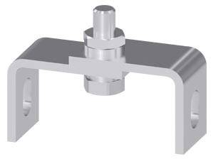 Metal clip with a cylindrical bolt on top and two side holes for fastening. Used for stable connections.