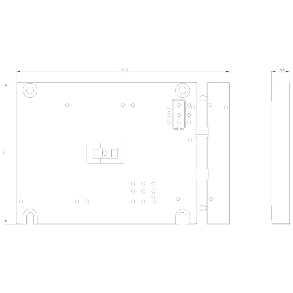 Technical drawing of a rectangular metal plate with dimensions and drill holes. Front and side views show the positions of mounting slots.