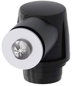 A black plastic button with a silver metal insert, displaying an arrow-like marking in the centre.