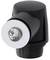 A black plastic button with a silver metal insert, displaying an arrow-like marking in the centre.