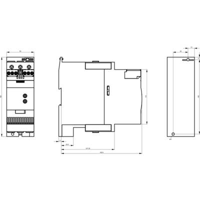 Technical drawing of a three-phase relay in front, side, and top view with dimensions in millimetres.