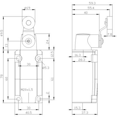 Technical drawing of an electrical switch with dimensions in millimetres, side and front view. Main dimensions: 78 mm height, 47 mm width.