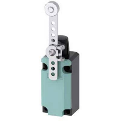 Green safety limit switch with black housing and adjustable lever, used in machinery for position monitoring.