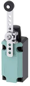 A limit switch with lever arm in industrial design; the device features a blue housing and multiple mounting points on the lever.