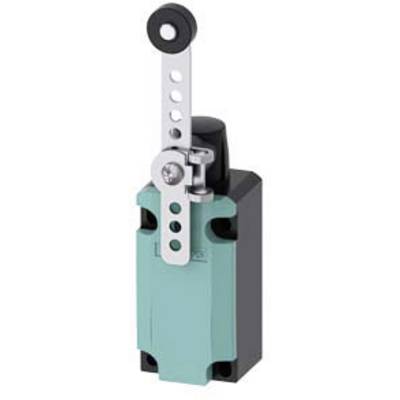 A limit switch with lever arm in industrial design; the device features a blue housing and multiple mounting points on the lever.