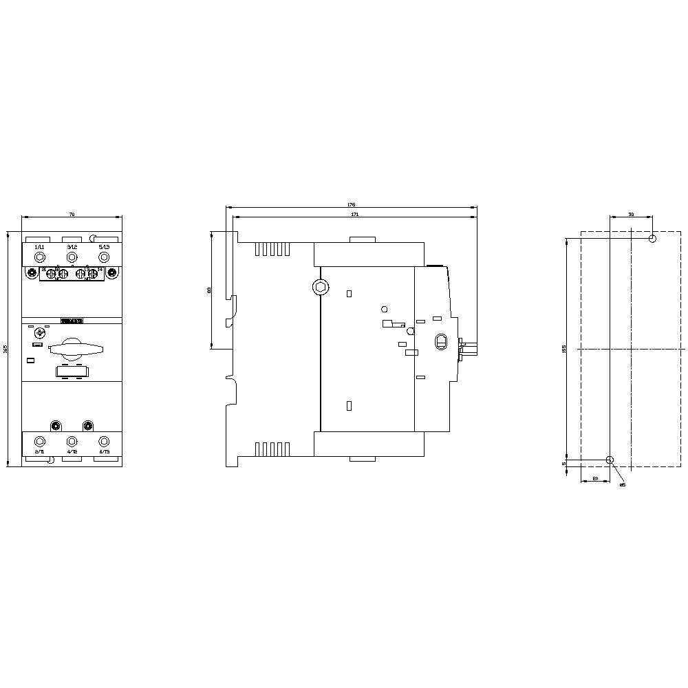 Technical drawing of an electrical switching device with front, side, and top views, including dimensions and connections.
