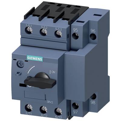 A blue industrial main switch by Siemens with a rotary switch and multiple connection terminals, used in electrical control cabinets.
