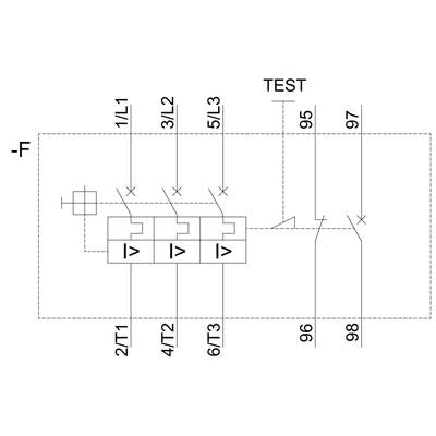Electrical circuit diagram of a three-phase device with the labels: 1L1, 3L2, 5L3, 2/T1, 4/T2, 6/T3, TEST.